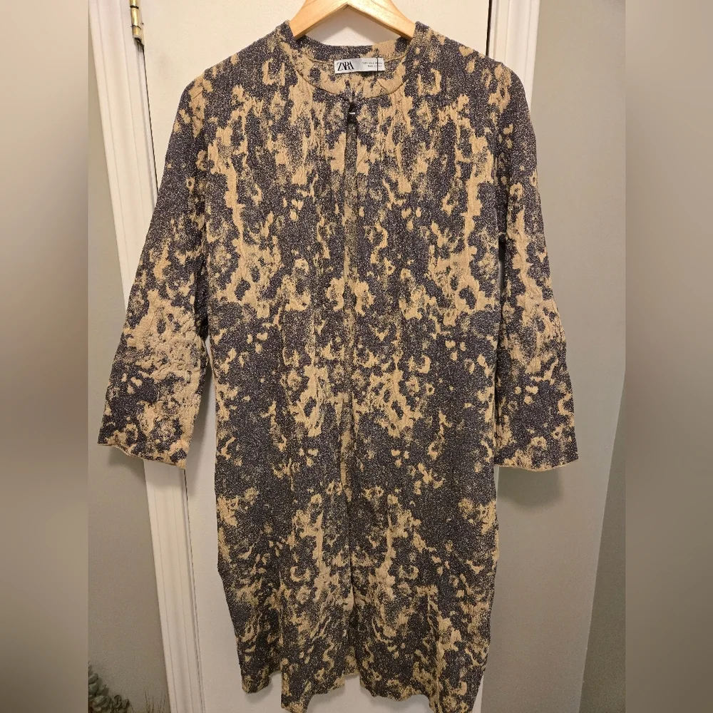 Zara Limited Edition Jaquard Knit Duster Coat Size Small Gold/ Grey,Blue - Picture 7 of 14
